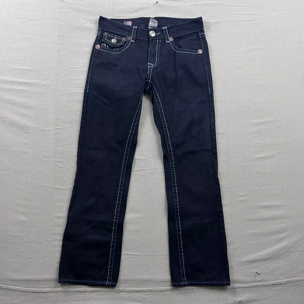True Religion Ricky Super T Jeans Mens 34 Dark Wash Contrast Stitch Straight Leg
